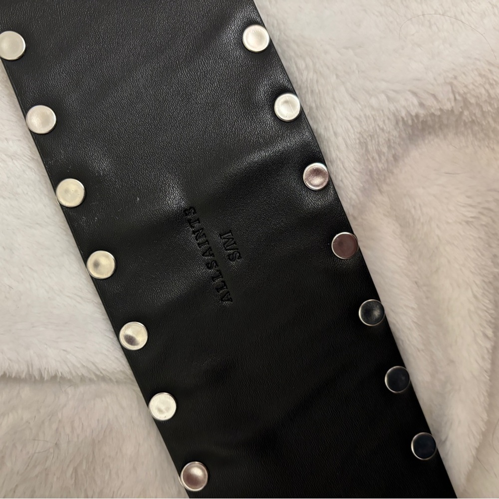 All Saints Alcor Black Leather Studded Belt with Silver Accents - Picture 8 of 9